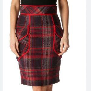 Plenty Tracy Reece Red Purple Wool Plaid Pencil Skirt Size 0 Patch Pockets